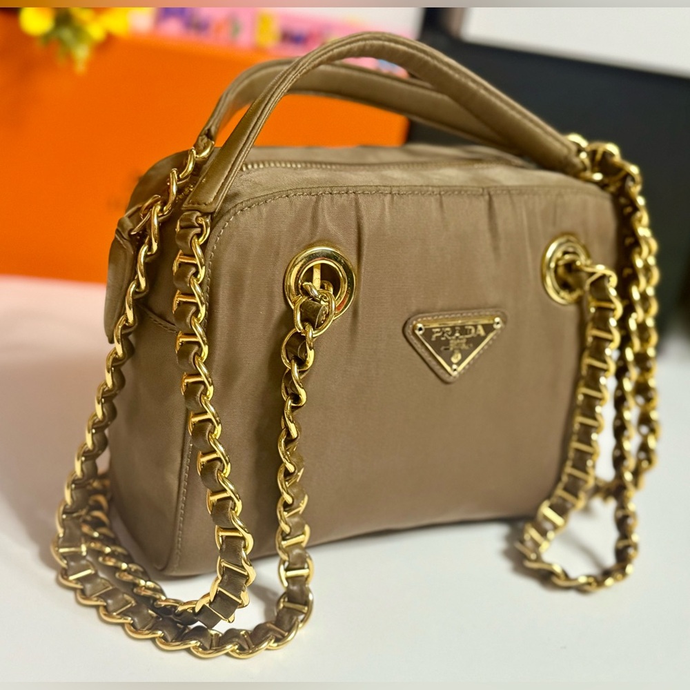 Auth PRADA Triangle Logo Tessuto Nylon Brown Chain Shoulder